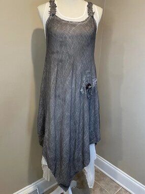 Zury Boho Layered Cotton Gauze Dress Grey White S/M Asymmetrical Handkerchief